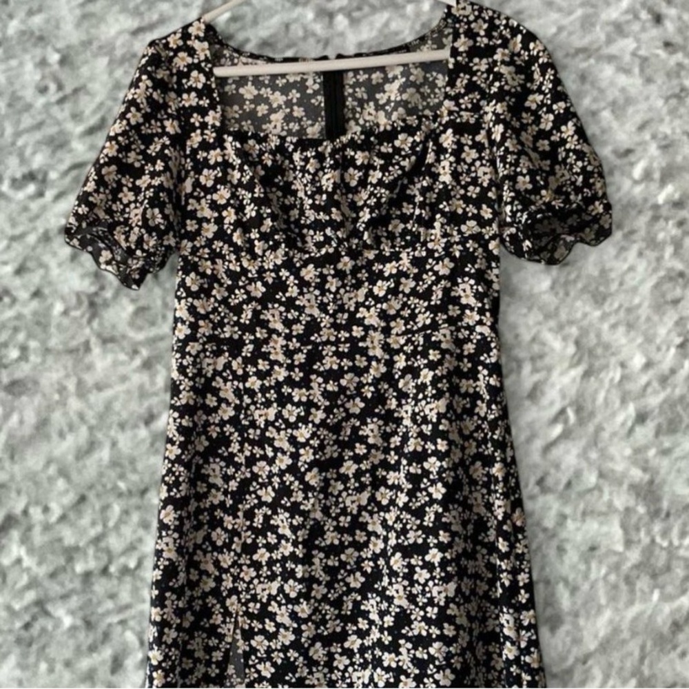 SHEIN Black Floral Square Neck Midi Dress with Cream and Yellow Accents